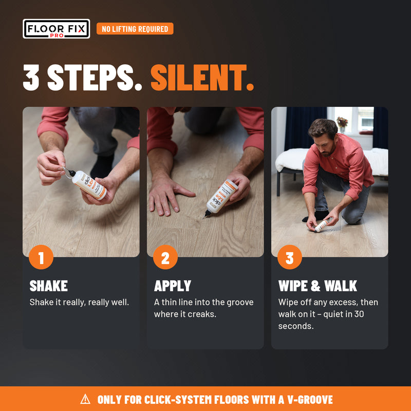 Cargue la imagen en el visor de la galería, Fix a squeaky click floor in 3 steps with Click Lube: shake, apply, wipe and walk
