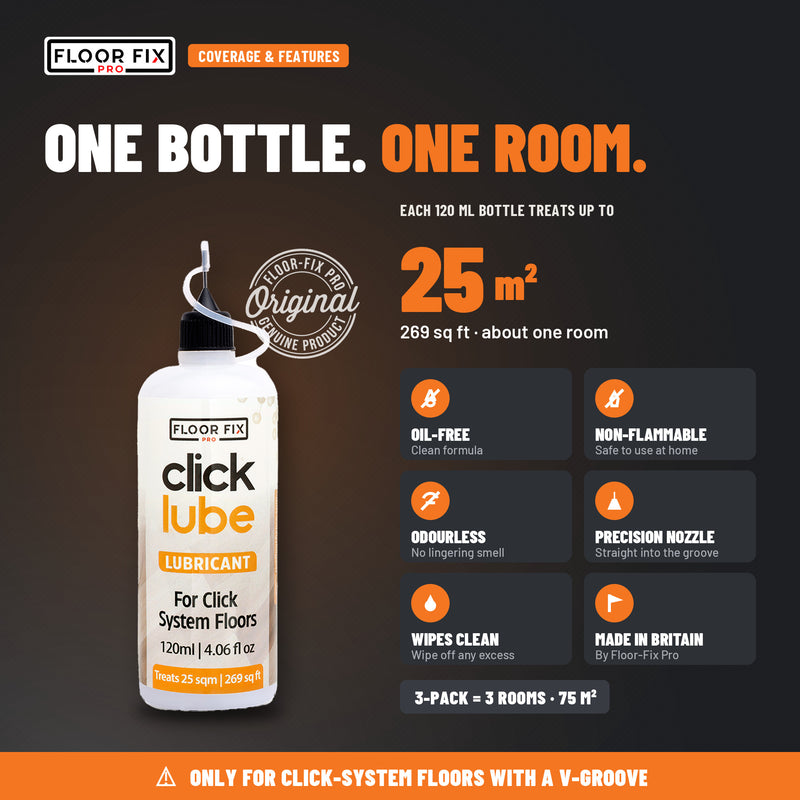 Cargue la imagen en el visor de la galería, One 120ml bottle of Click Lube treats about 25 square metres of squeaky click floor
